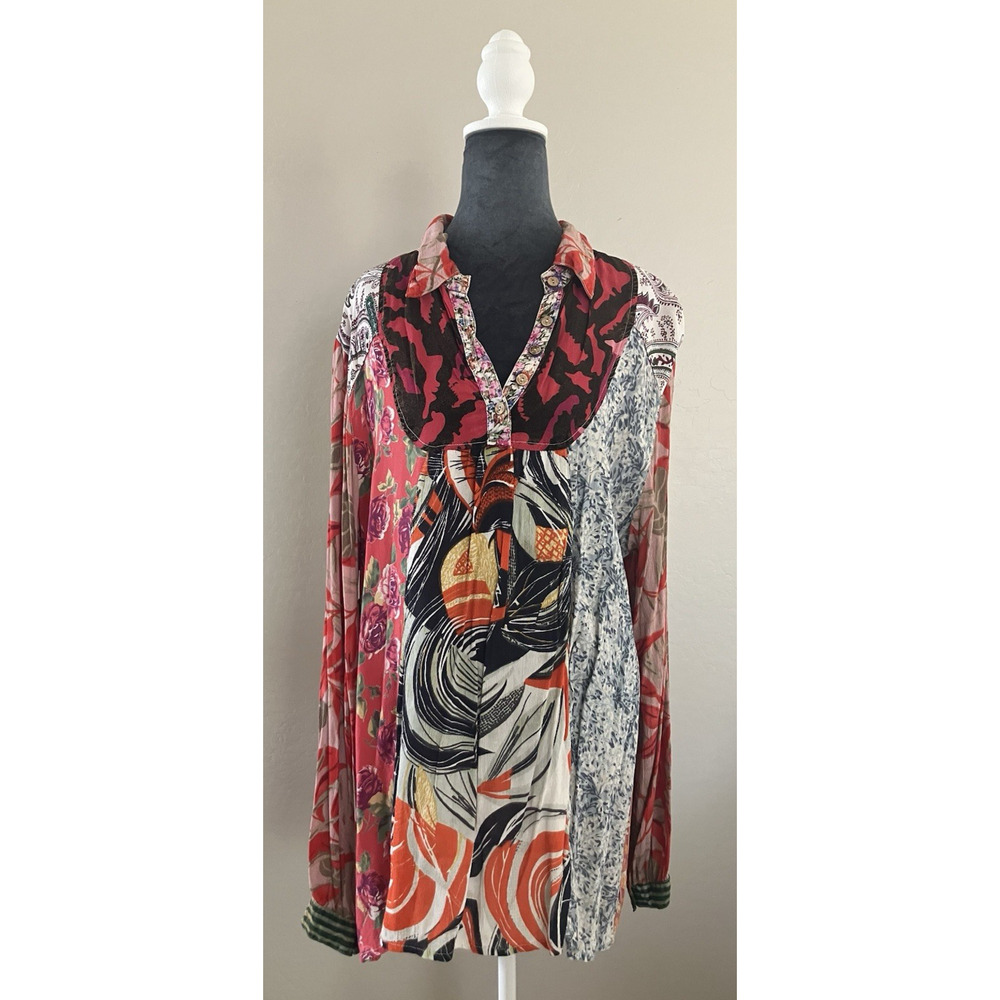 Sacred Threads Patchwork Top Tunic Women's Floral Boho Artsy Indie Festival 2XL